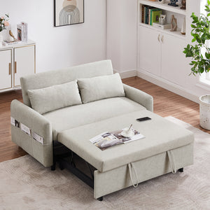 55.1" Pull Out Sleep Sofa Bed Loveseats Sofa Couch with Adjsutable Backrest, Storage Pockets, 2 Soft Pillows, USB Ports for Living Room, Bedroom, Apartment, Office, Beige (Old SKU WF307821AAA)