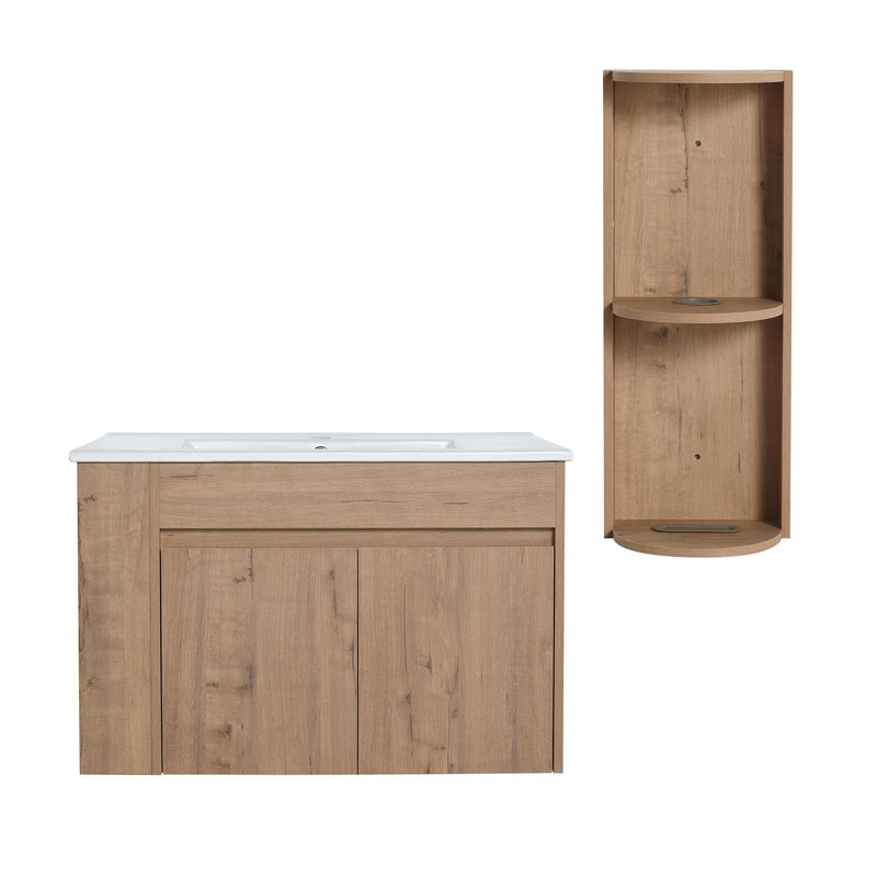 Modern Wall Mounted Bathroom Vanity With Sink And Storage Rack Soft Close Doors - Imitative Oak