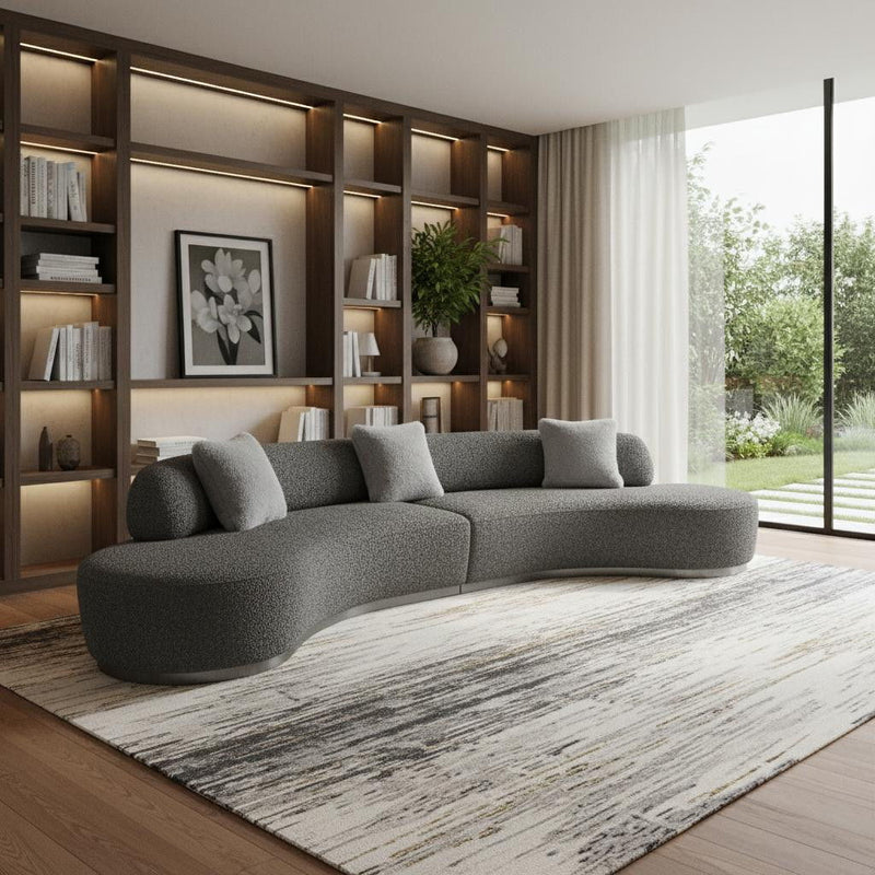 Boucle Curved Sofa With Toss Pillows - Dark Gray