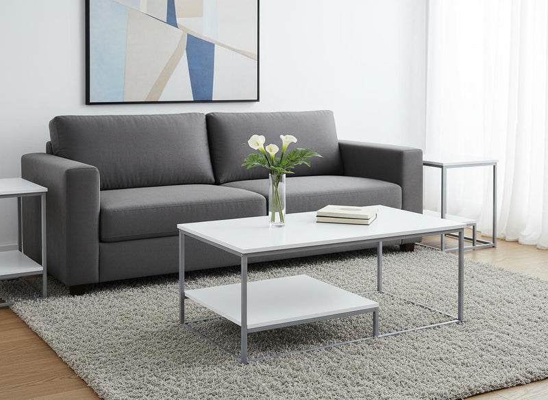 Metal Coffee Table With Shelf (Set of 3) - White And Silver