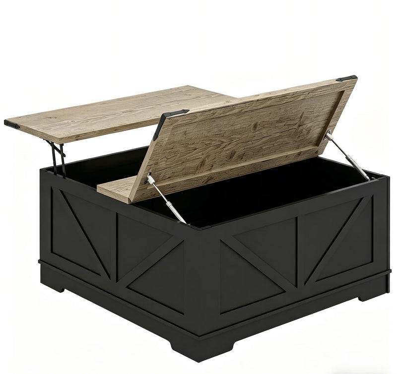 Lift Top Trunk Coffee Table With Two Shelves - Light Brown / Black