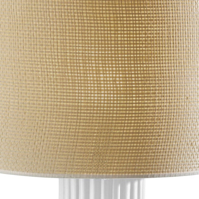 Ceramic Cylinder Table Lamp With Beige Drum Shade - White
