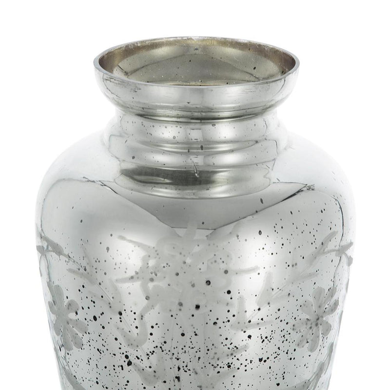 Etched Floral Round Table Vase - Antiqued Silver