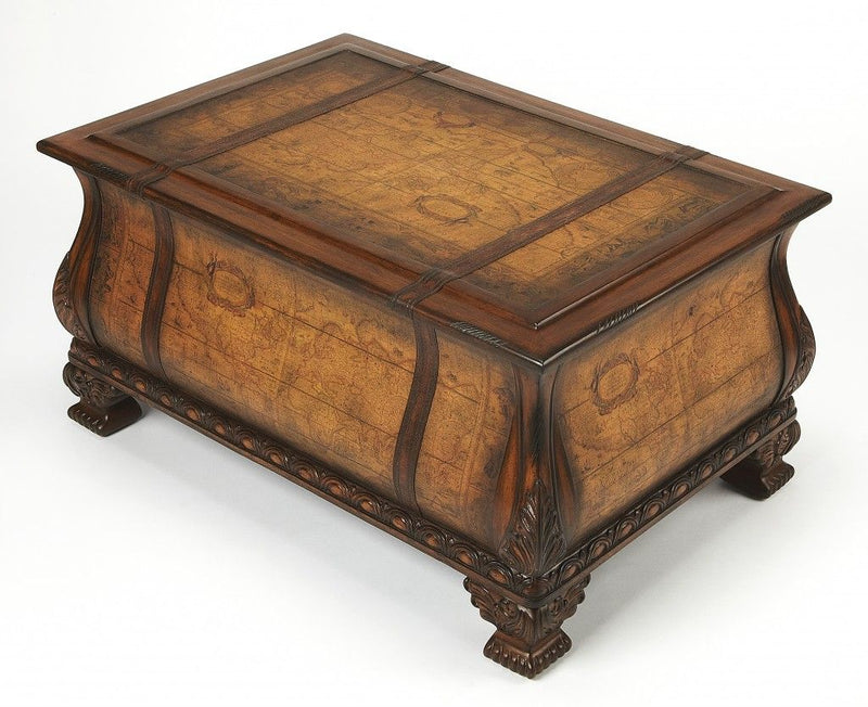 Old World Vintage Style Map Bombe Coffee Table - Light Brown