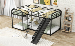 Full and Twin Size L-Shaped Bunk Bed with Slide and Short Ladder, Black