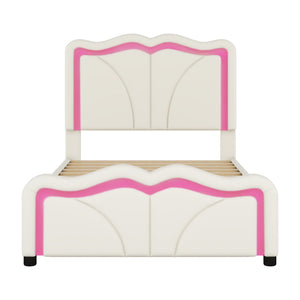 Upholstered Platform Bed & Curve Shaped And Height Adjustable Headboard, LED Light Strips
