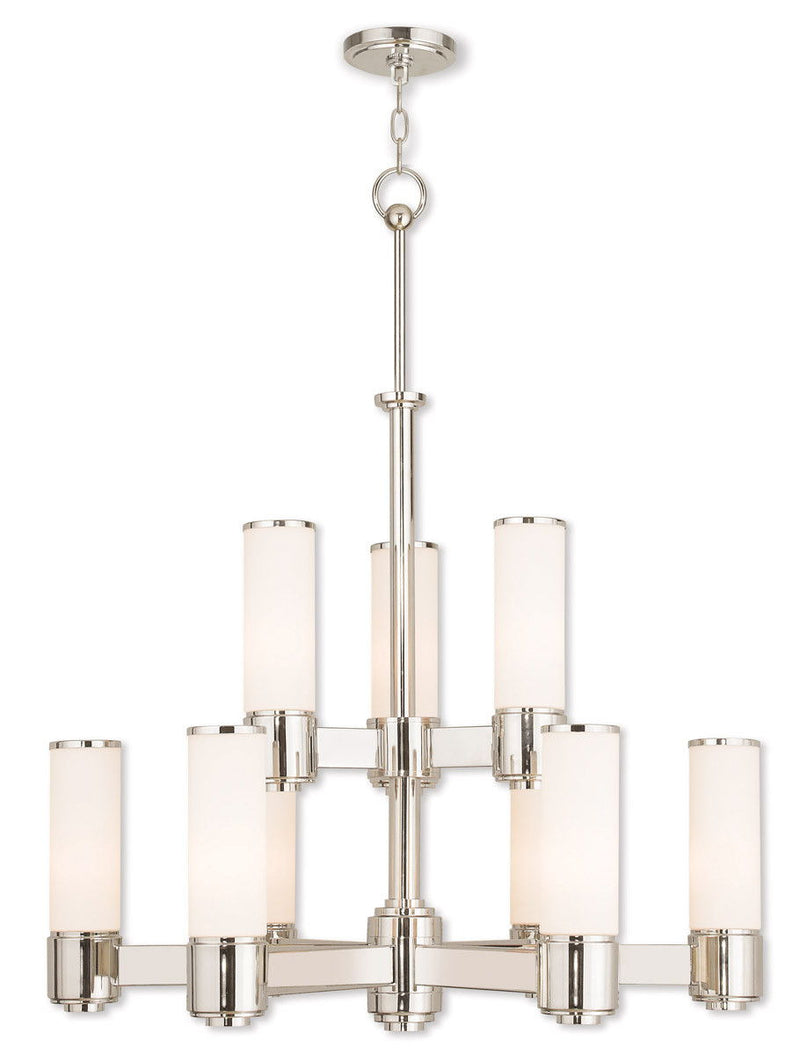 Nine Light Metal Dimmable Chandelier With Shades - Nickel / Opal