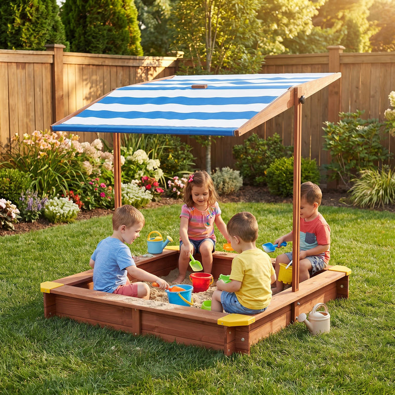Kids Sandbox With Cover, Sand Box With Adjustable Canopy, Large Outdoor Cedar Sandpit For Backyard Play - Reddish Brown