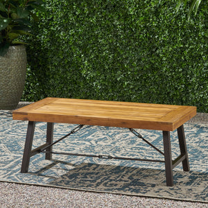 Outdoor Acacia Wood Coffee Table, Teak Finish / Rustic Metal Brown and Black, 27.25"D x 45.75"W x 18"H