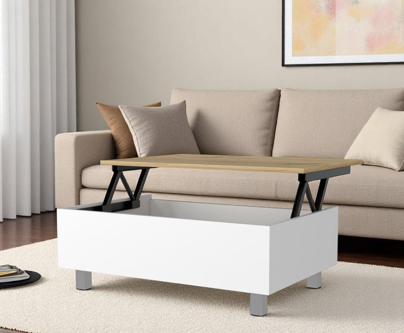 32" Wood And Metal Lift Top Coffee Table - White And Oak
