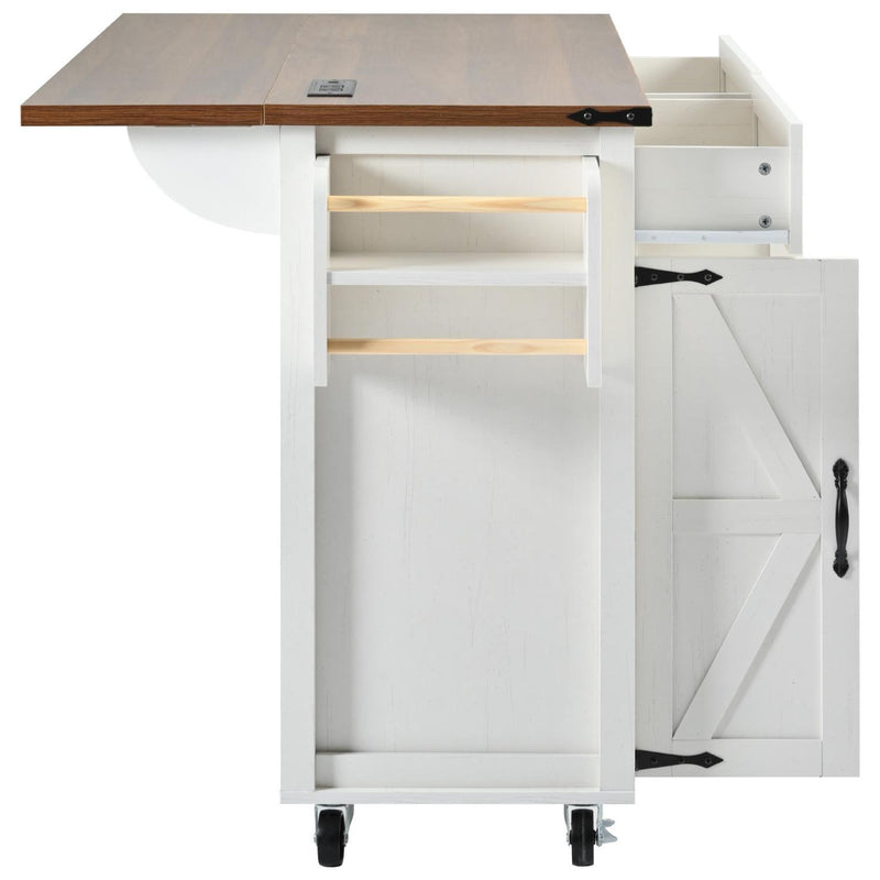 Brown And Wood Flat Door Rolling Kitchen Cart With USB - White