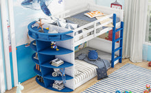 Load image into Gallery viewer, Twin over Twin Boat-Like Shape Bunk Bed with Storage Shelves, White+Blue
