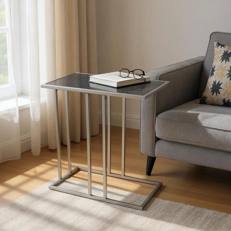 26" Marble And Iron Frame End Table - Gunmetal