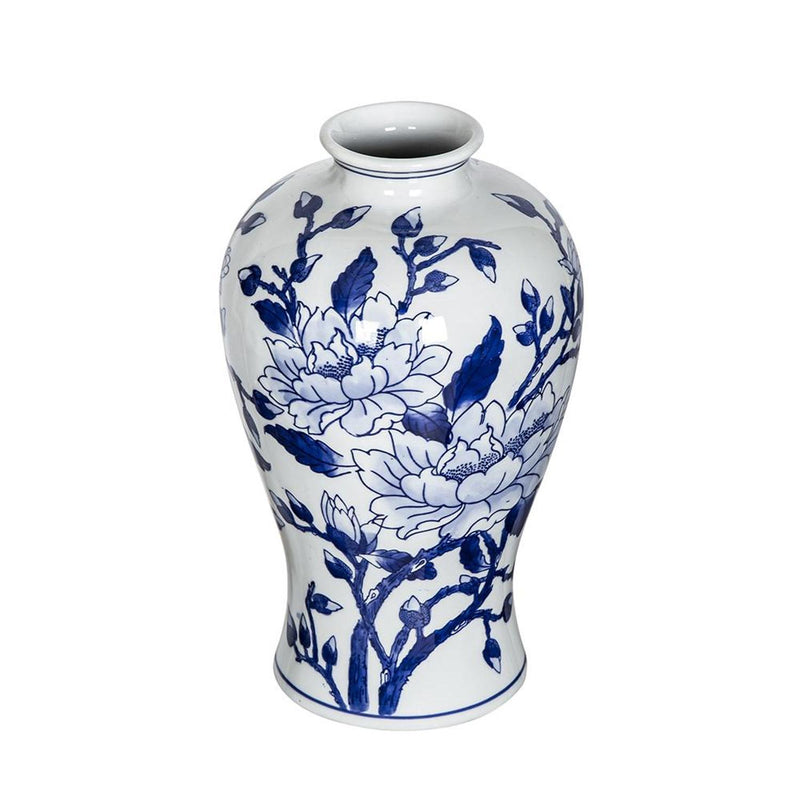 Floral Chinoiserie Round Porcelain Table Vase - Blue / White