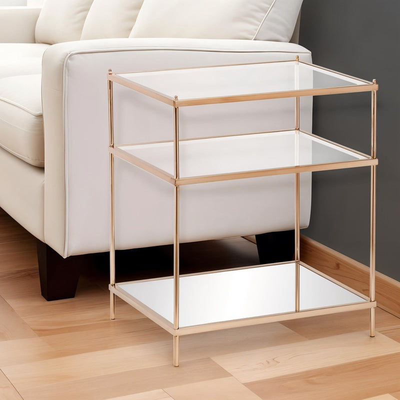 Glass And Iron End Table With Mirrored Shelf - Gold And Clear