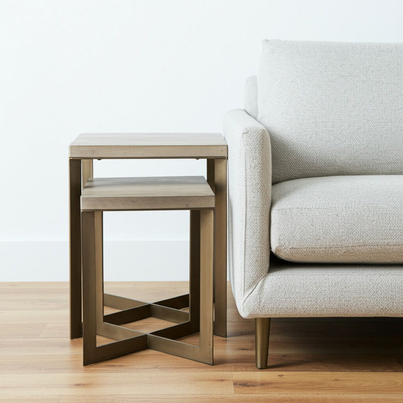 Solid Wood And Metal Square Cross Legs Nested Tables (Set of 2) - Beige