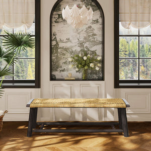 Farmhouse Modern Solid Wood Rattan Bench Multi Functional Design 59" Indoor & Covered Outdoor Bench - Walnut