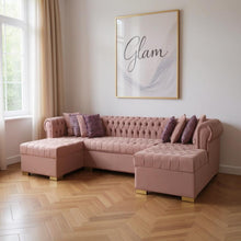 Load image into Gallery viewer, Velvet U Shaped Three Piece Sofa Chaise Sectional With Toss Pillows - Pink
