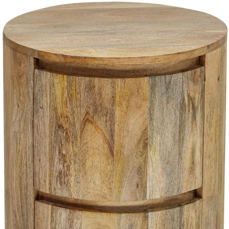 24" Solid Wood Round Drum End Table With Two Drawers - Natural