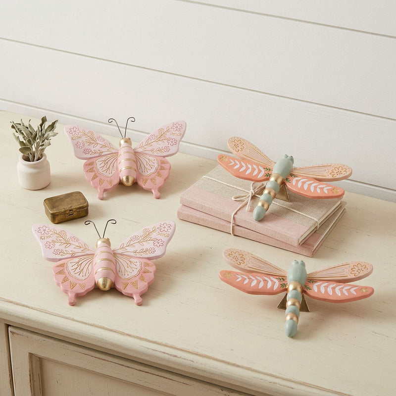 Poly Butterfly Dragonfly Figurines (Set of 4) - Pink / Green