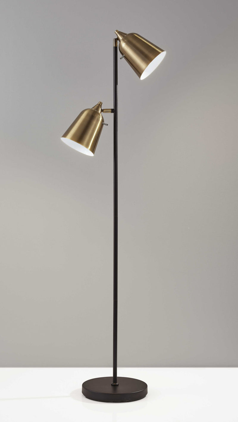 Two Light Floor Lamp With Antiqued Brass Cone Shades - Black