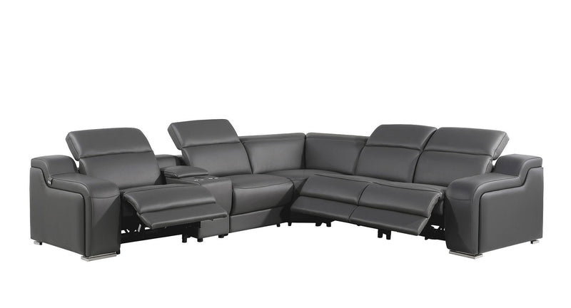 Italian Leather Power Reclining L Shaped Six Piece Corner Sectional With Console - Dark Gray