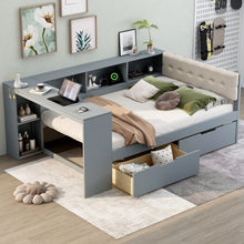 Load image into Gallery viewer, Upholstered Headboard Platform Bed With Storage Shelves, Drawers, Charging Station
