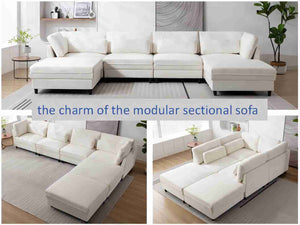 Oversized Modular Sectional Fabric Sofa Set with Waist Pillows, Extra Large U Shaped Couch with Reversible Chaise, 145 inch Long, 6 Seat Modular Sofa with  Ottamans