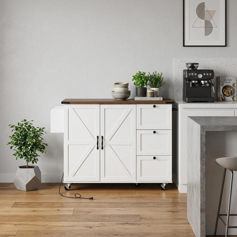 Brown And Wood Flat Door Rolling Kitchen Cart With Storage With USB (755922) - White