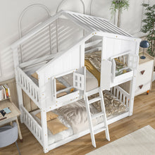 Load image into Gallery viewer, Twin over Twin House Bunk Bed with Roof , Window, Window  Box, Door , with Safety Guardrails and Ladder,White
