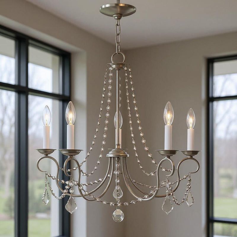 23" Five Light Dimmable Chandelier With Shades - Pearl Silver / Nickel