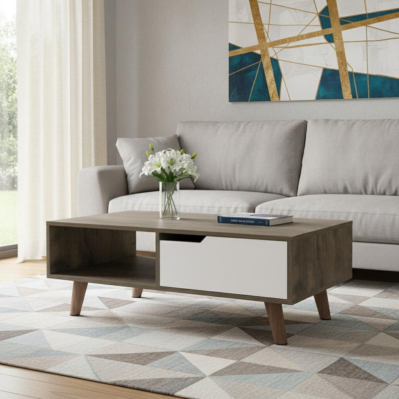And White Wood Rectangular Coffee Table With Shelf - Natural And Dark Brown