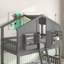 Load image into Gallery viewer, Twin over Twin House Bunk Bed with Roof , Window, Window  Box, Door , with Safety Guardrails and Ladder, Grey
