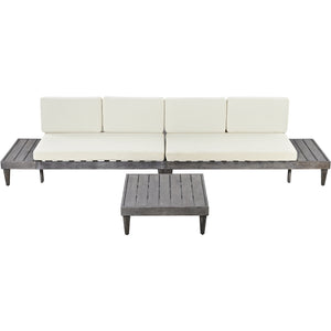 TOPMAX Outdoor 3-Piece Patio Furniture Set Solid Wood Sectional Sofa Set with Coffee Table Conversation Set with Side Table and Cushions, Grey+Beige