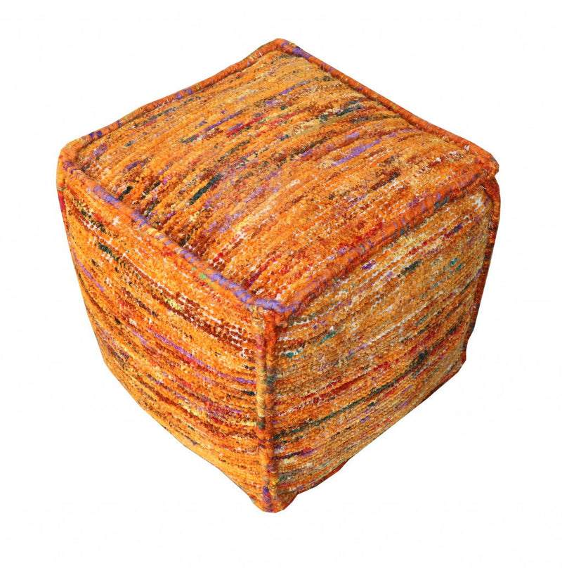 Recycled Silk And Cotton Blend Cube Pouf Ottoman - Orange