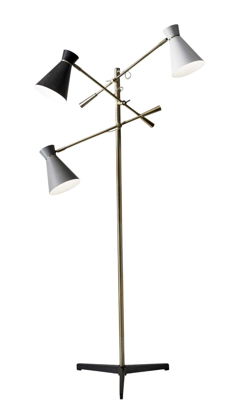 Three Arm Adjustable Floor Lamp In Brass Metal With Shades - Gray / Black And White