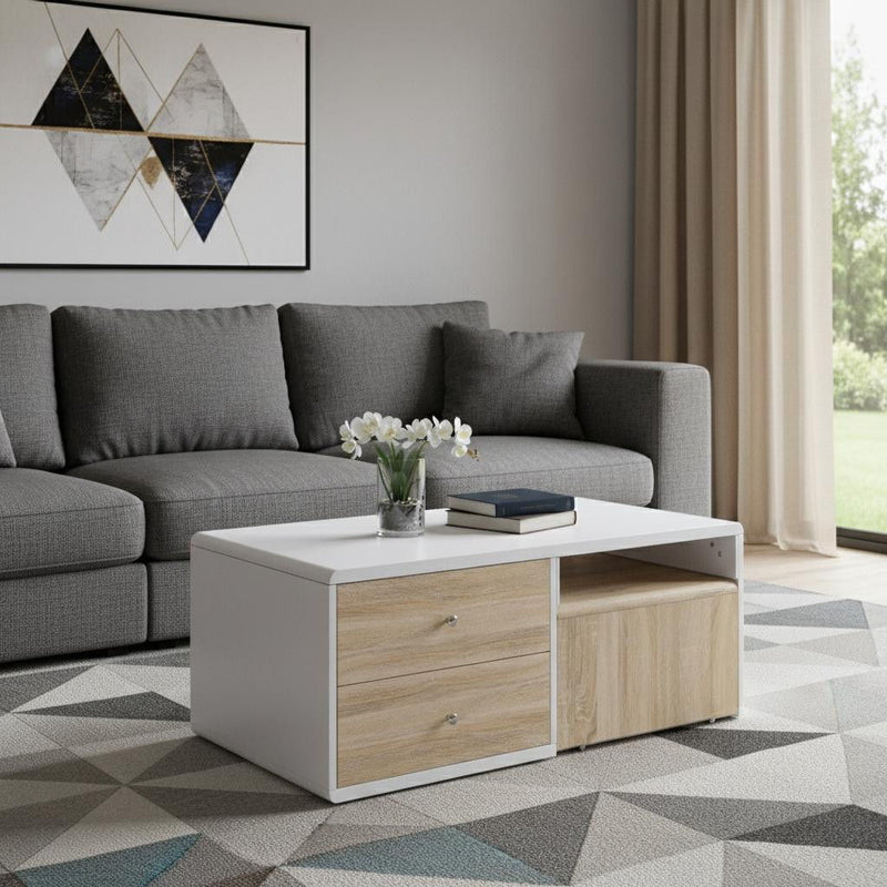 Coffee Table With Four Drawers - White And Natural
