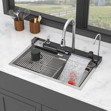 Load image into Gallery viewer, Kitchen Waterfall Sink Single Bowl With LED Faucet, Ledge Workstation, And Multi Function Pull Out Spray - Brushed Nickel
