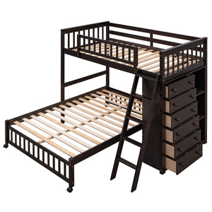 Wooden Twin Over Full Bunk Bed With Six Drawers And Flexible Shelves,Bottom Bed With Wheels,Espresso(OLD SKU:LP000531AAP)