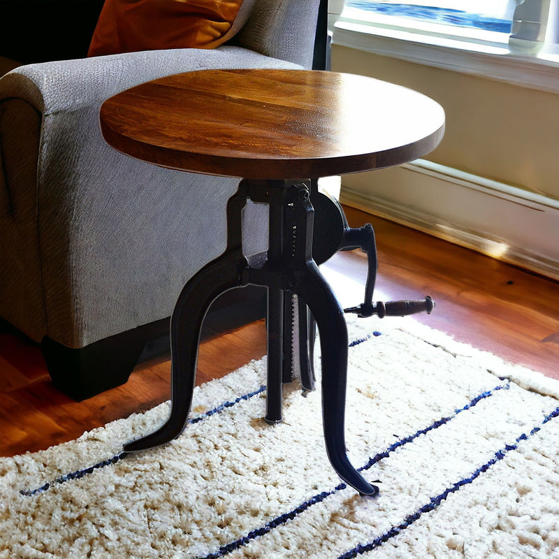 Solid Wood And Iron Height Adjustable Round End Table - Black And Chestnut