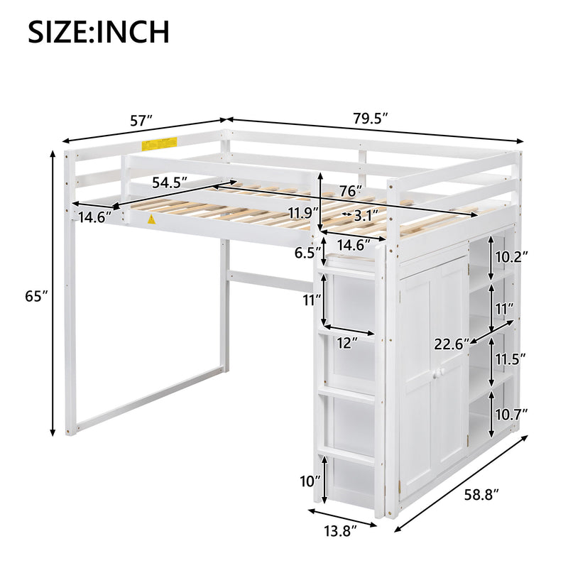 Loft Bed With Built In Wardrobe, Storage Shelves, And LED Light