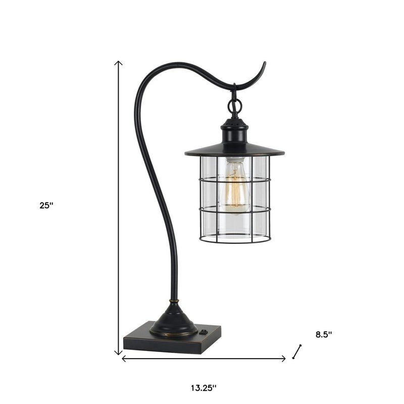 Metal Lantern Style Desk Lamp With Edison Bulb - Bronze