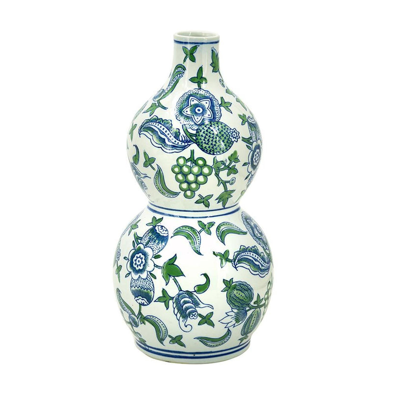 Chinoiserie Porcelain Wavy Gourd Table Vase - White / Green / White