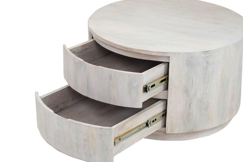 Round Drum Coffee Table With Two Drawers - White