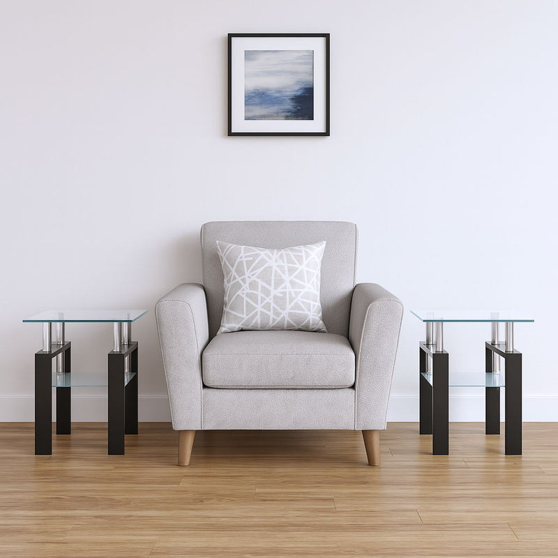 Glass And Metal Square End Tables With Shelf - Clear / Black