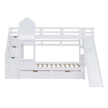 Load image into Gallery viewer, Twin-Over-Twin Castle Style Bunk Bed with 2 Drawers 3 Shelves and Slide - White
