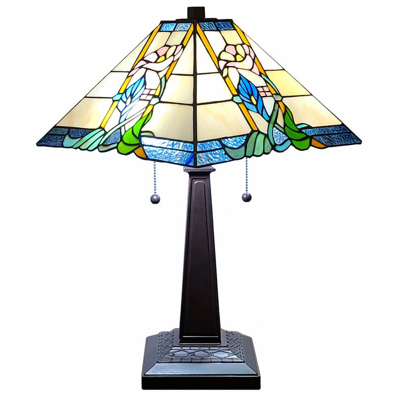 Metal Two Light Candlestick Table Lamp With Blue And Beige Shade - Dark Brown
