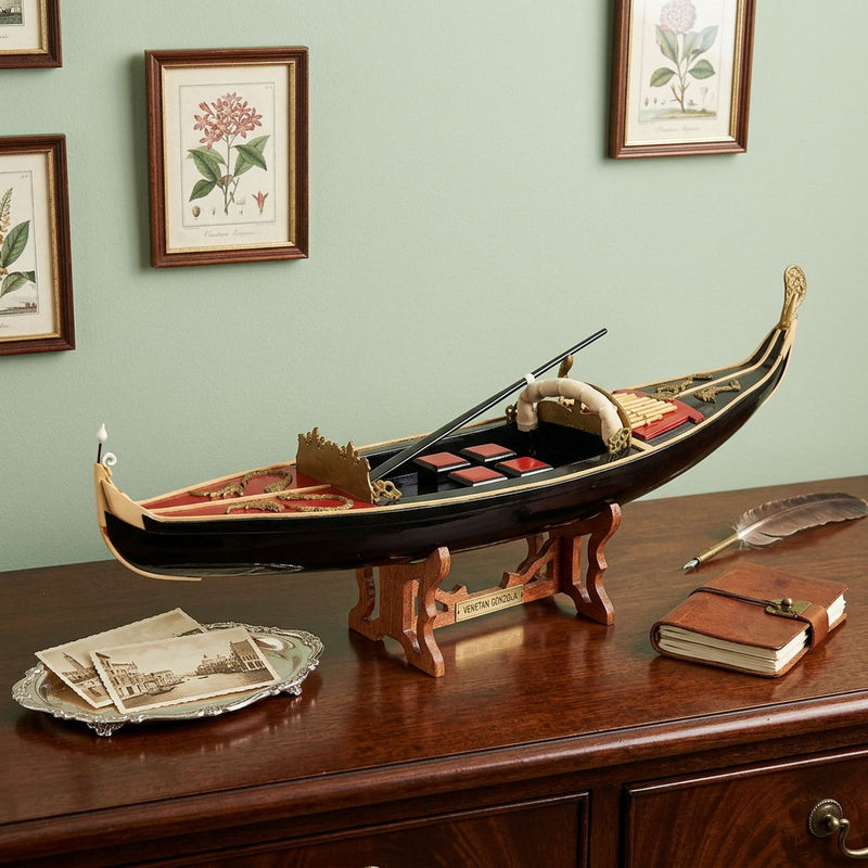 Venetian Gondola Hand Painted Decorative Boat - Black / Red