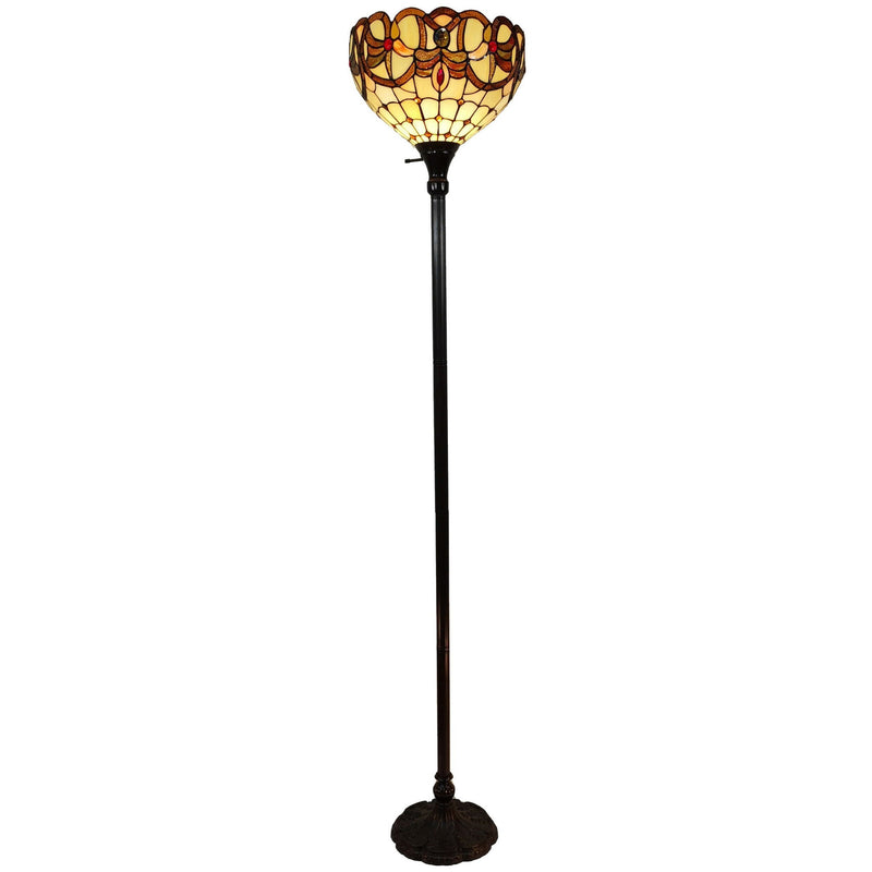 Traditional Shaped Floor Lamp With White And Brown Stained Glass Bowl Shade - Brown
