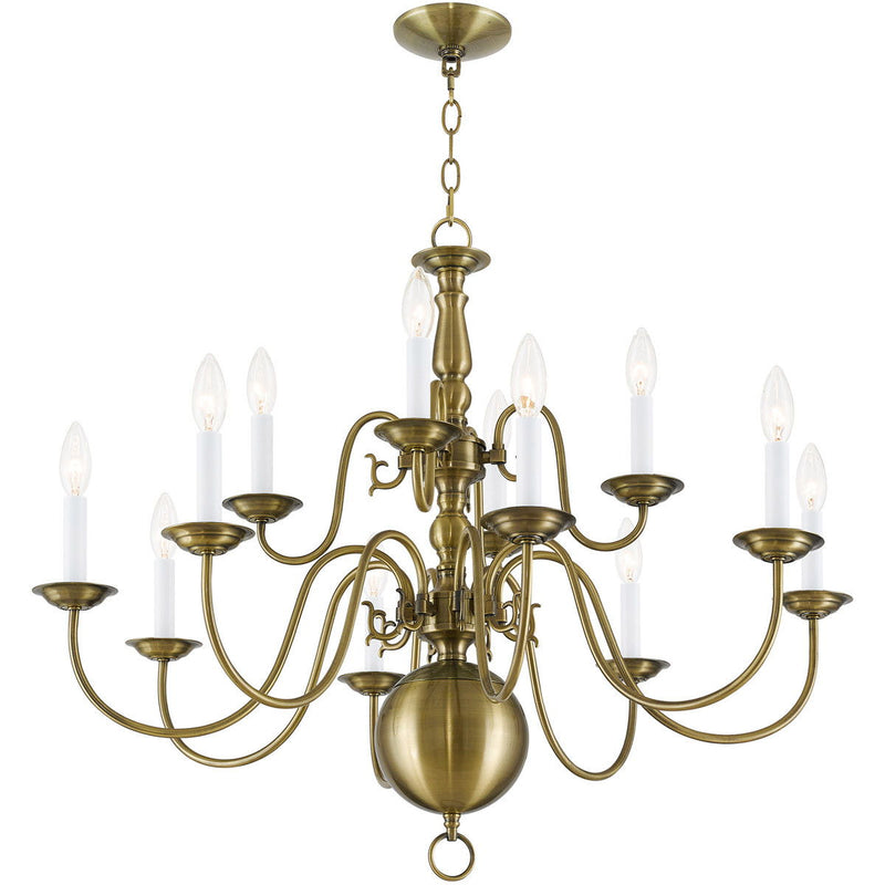 26" Twelve Light Dimmable Chandelier With Shades - Antiqued Brass